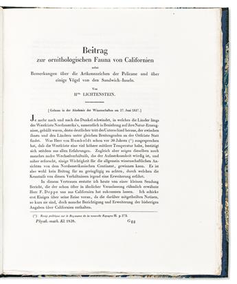 (BIRDS -- CALIFORNIA.) Martin Heinrich Karl von Lichtenstein. Beitrag zur Ornithologischen Fauna von Californien